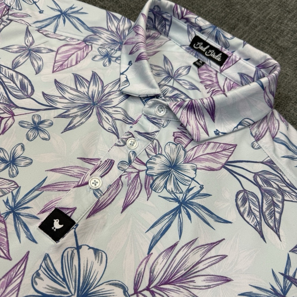 Bad Birdie Golf Polo Shirt Mens XL White Tropical Floral Hawaiian Stretch